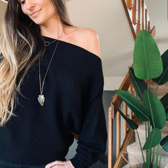 Waffle Knit Slouch Sweater - Black