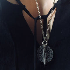 Hindu Wheel of Time Feather Necklace in Sterling Silver