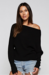 Waffle Knit Slouch Sweater - Black