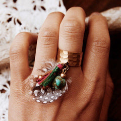 Adjustable Brass Ring with Tassel, Feather and Turquoise