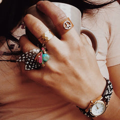 Adjustable Brass Ring with Tassel, Feather and Turquoise