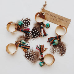 Adjustable Brass Ring with Tassel, Feather and Turquoise