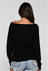 Waffle Knit Slouch Sweater - Black