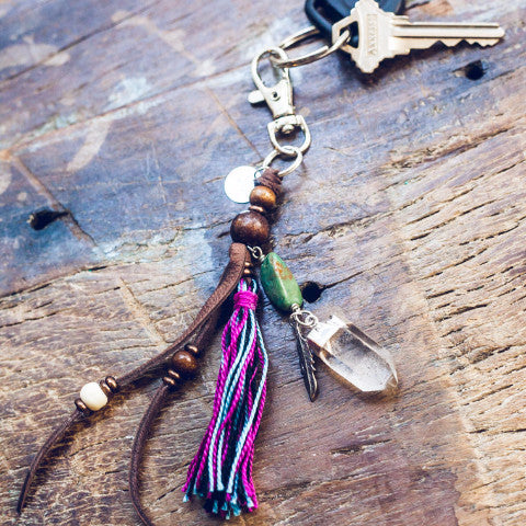 Quartz Crystal and Leather Charm Keychain